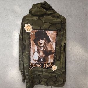Upcycled Camouflage Jacket with Stevie Nicks Graphic Hippie BOHO 70S